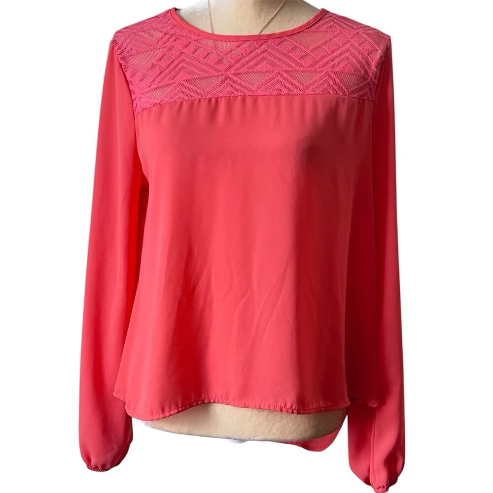 Meraki Coral Lace Accent Long Sleeve Blouse Lightweight L Women Hi Lo
